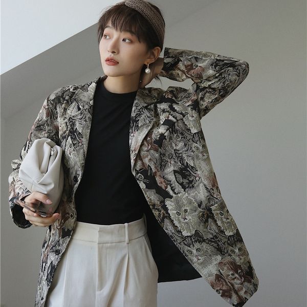 

small design loose casual cat slave small suit suit jacket cotton women 19 coat coat spring and autumn, White;black
