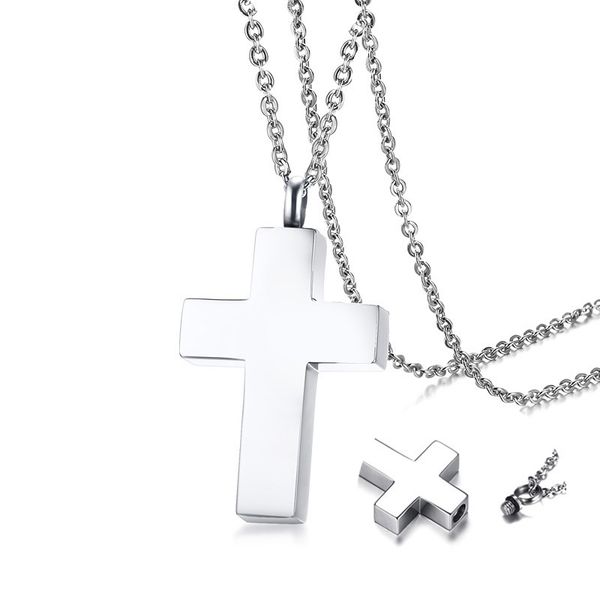 

cremation ashes ash urn keepsake cross pendant necklace men's stainless steel male jewelry in black, Silver