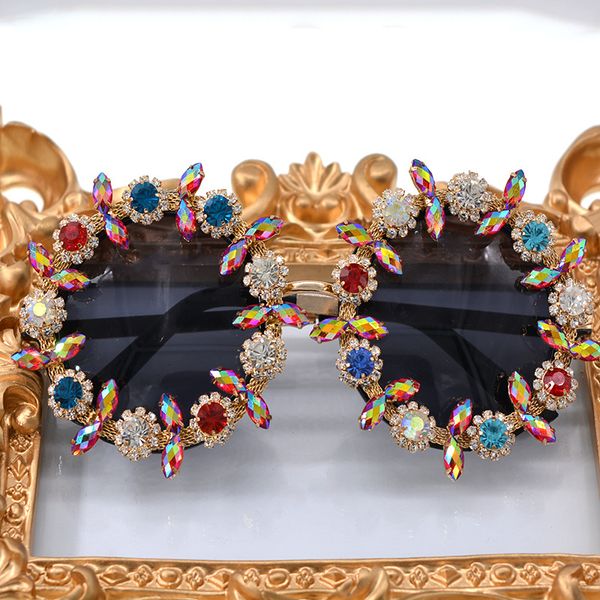 

baroque diamond round sunglasses women vintage flat pink black rhinestone handmade gafas shades uv400, White;black