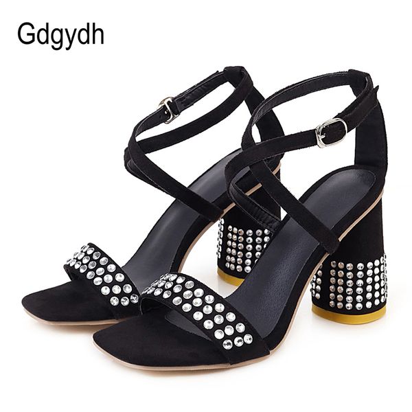 

sandals gdgydh fashion crystal black suede ladies party shoes round heels ankle strap pink yellow women summer dress