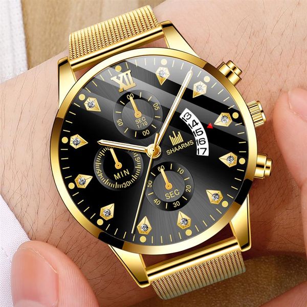 

shaarms classic mesh band stainless steel quartz watch relogio masculino diamond men watches fashion date wristwatch, Slivery;brown