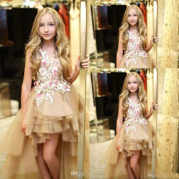 

new lovely champagne gold girls pageant dresses sleeveless lace 3d appliques tulle backless high low length flower girl dress birthday gowns, White;red