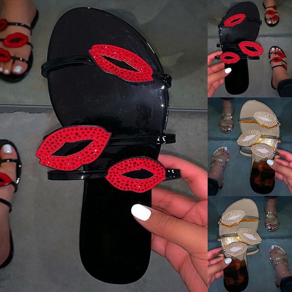 

women summer slippers flip flop red lips sandals flat ladies shoes beach flip-flops non slip rhinestones home, Black