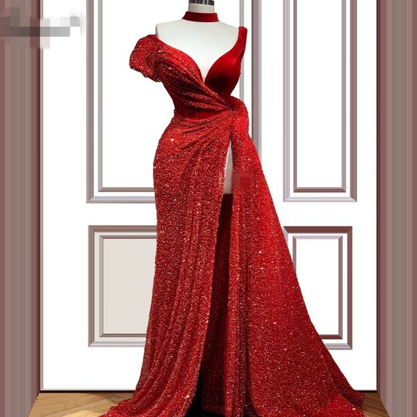 Plus Size Dubai Rote Abendkleider mit V-Ausschnitt 2020 Meerjungfrau Vintage Runaway Roter Teppich Kleid Arabische Abendkleider Sexy Vestido De Festa