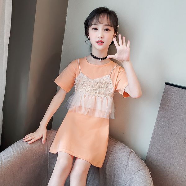 

girls summer dress big childrens korean-style short-sleeved girls fake two-piece suspender shirt skirt super fairy, Red;yellow