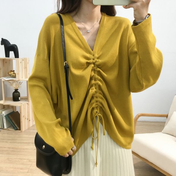 

iqt7b loose lazy v-neck pleated drawstring long sleeve knitwear women's early autumn versatile slimming knitted shirtlarge size shirt b, White