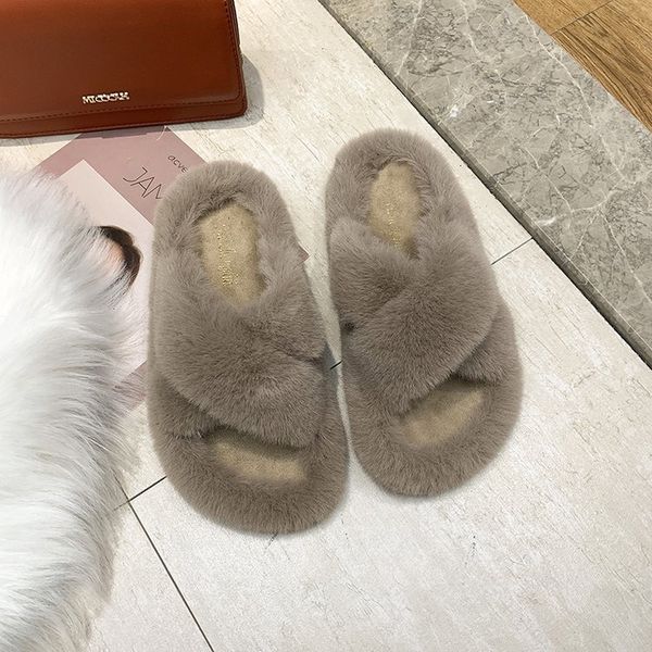 

new winter slipper rabbit fur slippers korean version of outer wear chic cross plush slippers female flat word slippers women, Black