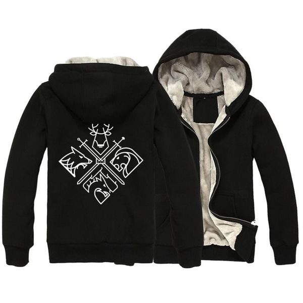 

stag lion direwolf dragon swords strak lannister targaryen baratheon man boy parkas full zip coat plus velvet winter ziiart, Black