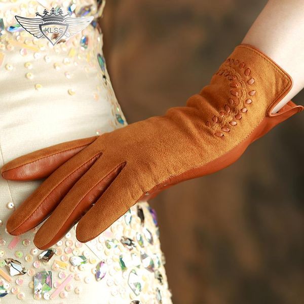 

klss марка из натуральной кожи женские перчатки элегантная леди сафьян замшевые перчатки тенденции моды зимы вождения овчины перчатки w2303, Blue;gray