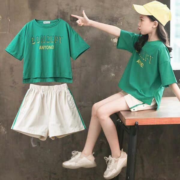 

lfcaj new wear short-sleeved shorts girl suit korean fashionable girl casual sports shorts children's clothing two-piece suit medium-si