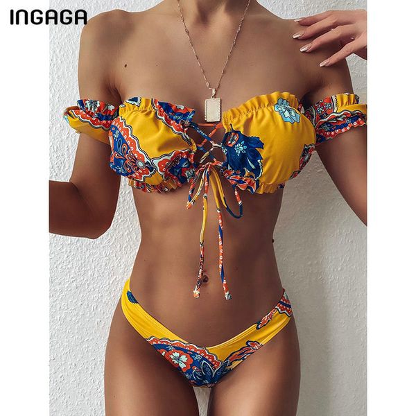 

ingaga bandeau bikinis swimsuits lace-up swimwear women ruffle bathing suit women 2020 print ruched biquini beach wear, White;black