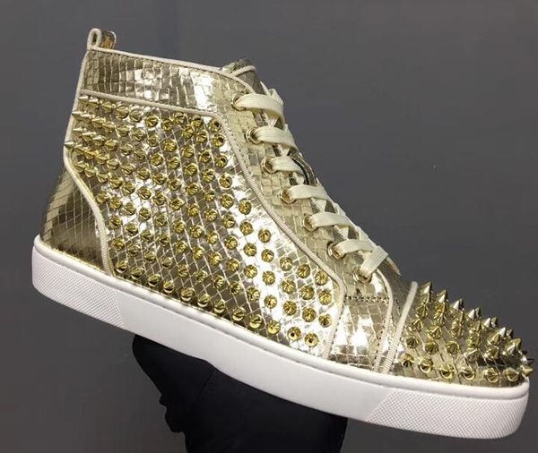 

2019 design men sneaker red bottom black crystals spikes men black white genuine leather+big rivets with rhinestone wholesale brand