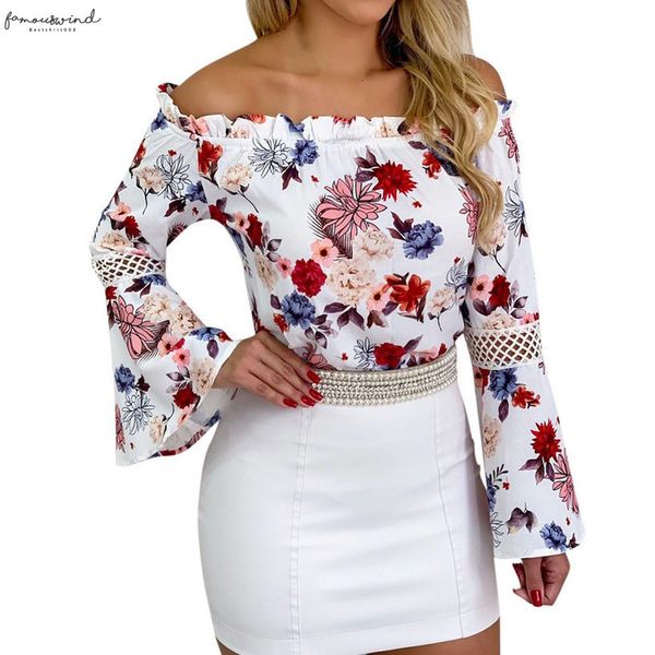 

female blouses women summer floral print flare sleeve cold shoulder blouse casual tunic shirt blouse tees, White