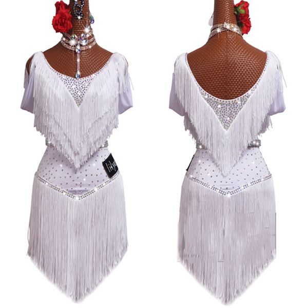 

new white latin dance fringe dress competition costume rhinestone rumba tap dance salsa dress latino clothes bl4270, Black;red