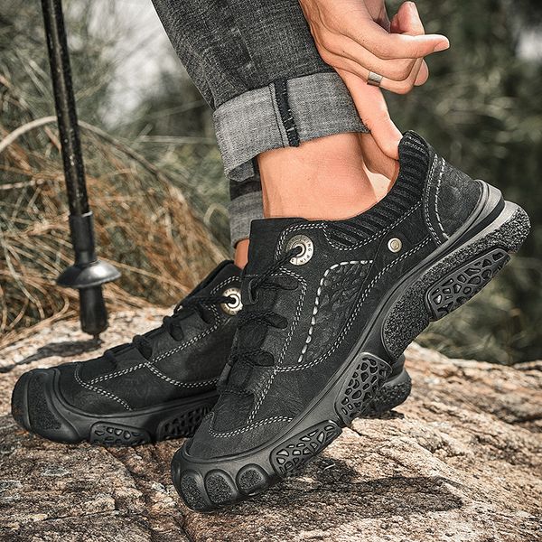

man shoes breathable waterproof cow leather men shoes lace up oxfords fashion casual men genuine leather, Black
