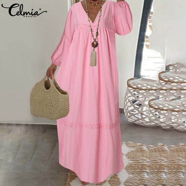

casual dresses celmia women's vintage maxi dress 2021 bohemian long lantern sleeve v-neck loose ruffles beach sundress party robe, Black;gray