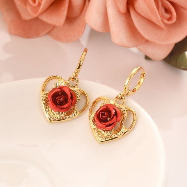 

new arrival 18 k yellow gold filled stud earring with red rose flower heart design, Silver