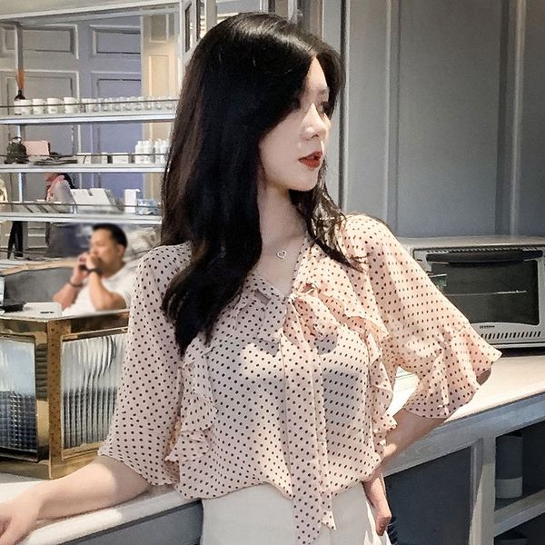 

новые битники полька короткого рукава бабочки шифон рубашка женщины корейский стиль лук вырезать одиночный деревянное ухо рог рукава рубашки, White