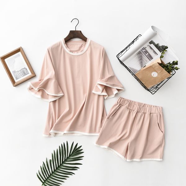 

jph4n summer women's new korean style ice porcelain cotton round collar trumpet sleeve cotton short-sleeved home horn pajamas clothes s, Blue;red