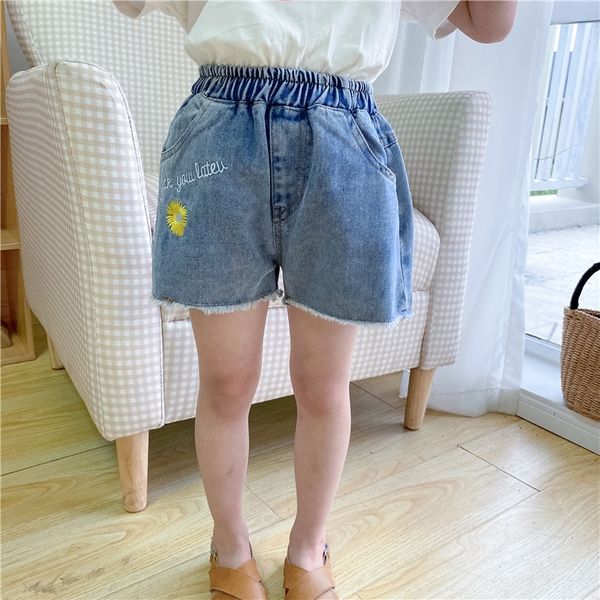 

girls' denim shorts 2020 korean new embroidered shorts pants girls' daisies embroidered burr pants, Blue