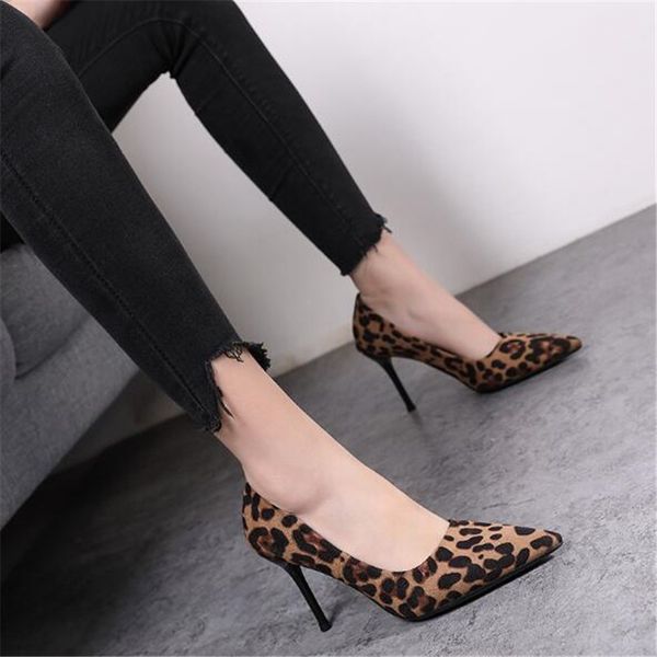 

2020 spring new pointy temperament versatile with leopard print comfortable suede single high heels shoes, Black