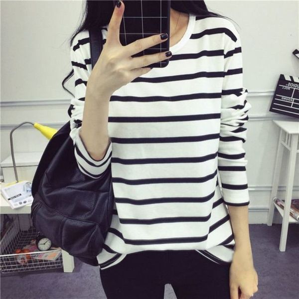 

cotton fashion women stripped long sleeve o neck summer women t shirt black white stripes tee shirt female t shirts