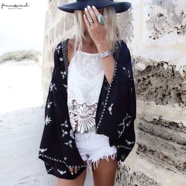 

plus size chiffon blouse beach sarongs cover up cardigan summer long batwing sleeve black print kimono boho chic shirts, White