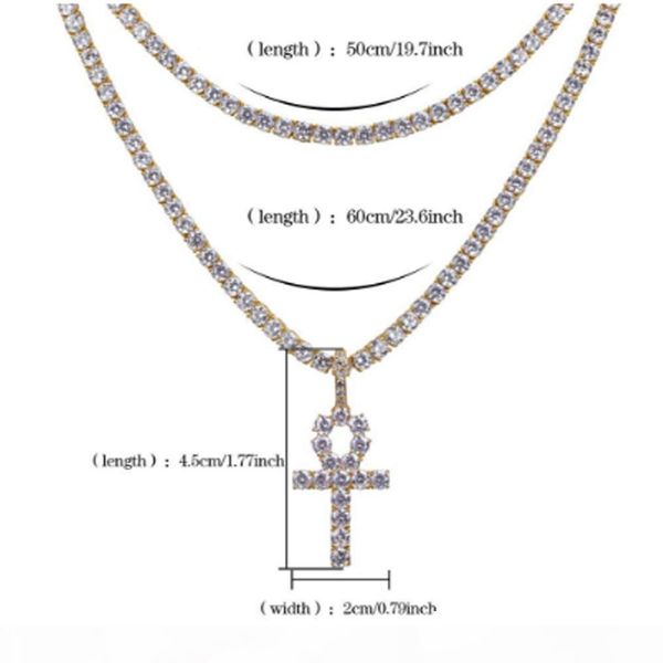 

k мужчины iced out micro pave цирконий cross ankn подвеска nail люкс bling bling симулированные алмазы 4мм 18inch 20inch теннис цепи n, Silver
