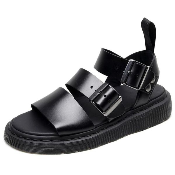 

cow leather men sandals leather buckle sandals triple band sandal summer leisure flats antiskid beach shoes zy410, Black