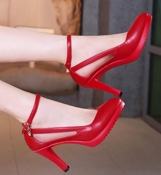 

lady pumps pointed toe office lady pumps buckle strap platform high heels women shoes four season leather shoes, Black