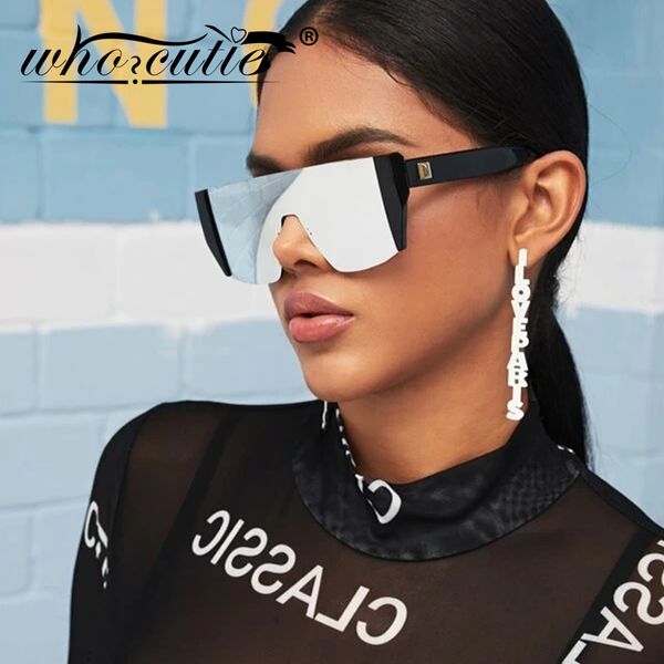 

who cutie 2021 futuristic one piece sunglasses men brand designer oversized square rimless sun glasses black shades women om504, White;black
