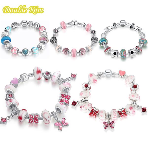 

Charm Bracelet Alloy Zircon Stone Bead Pink Dog Mujer Sliver-chain Fit Brand Bracelets Bangle Pulseira Wife Classic Diy Gift