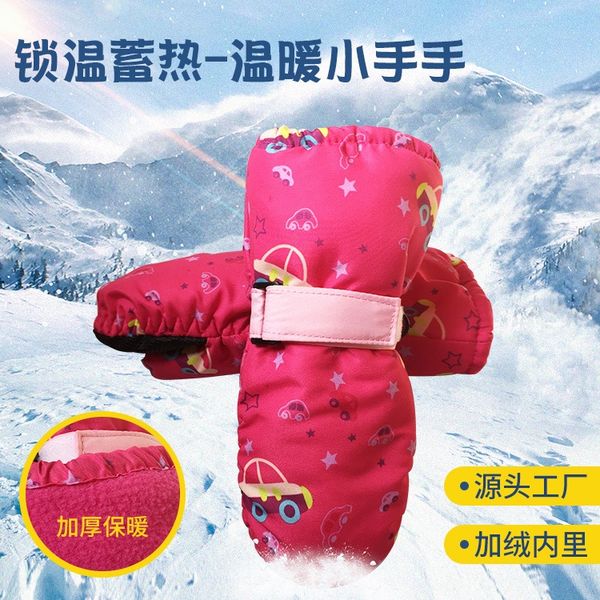 

winter outdoor snow plus velvet warm thickened ski warm gloves and waterproof printed children's finger ski gloves, White