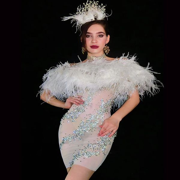 

new sparkly silver rhinestones feather nude dress nightclub full stones dress dance costume prom birthday celebrate dresses, Black;red