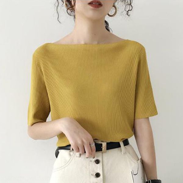 

ogik5 spring and summer new korean one-line collar ice silk women's simple short sleeve solid color knitwear knitwear t- knitted t-shir, White;black