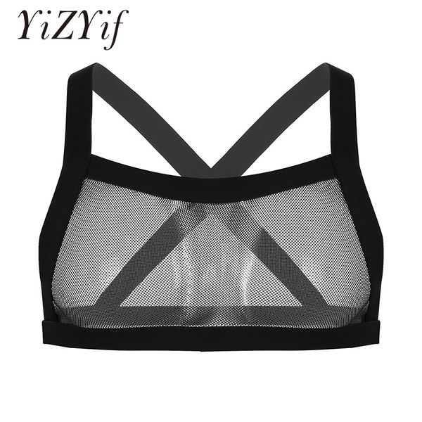 

mens mesh waistcoat bra lingerie sleeveless see-through mesh fishnet wide shoulder straps x-back stretchy muscle tank top, White;black