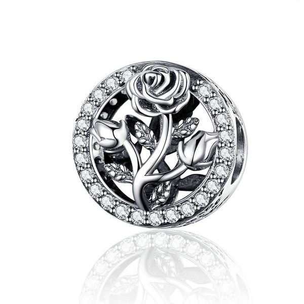 

selling vintage hollow 925 sterling silver rose bead charms with aaa cz fit european bracelet girls gifts jewelry, Black