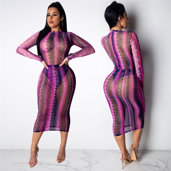 

autumn womens designer casual dress sheer snake printed long sleeve gauze dress fashion female clothes, Black;gray