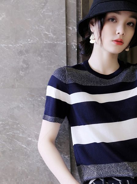 

женский рыхлый с коротким рукавами льда шелк вязаного 2020 новой тонкой полосатых рубашками коротких базовой рубашки, White