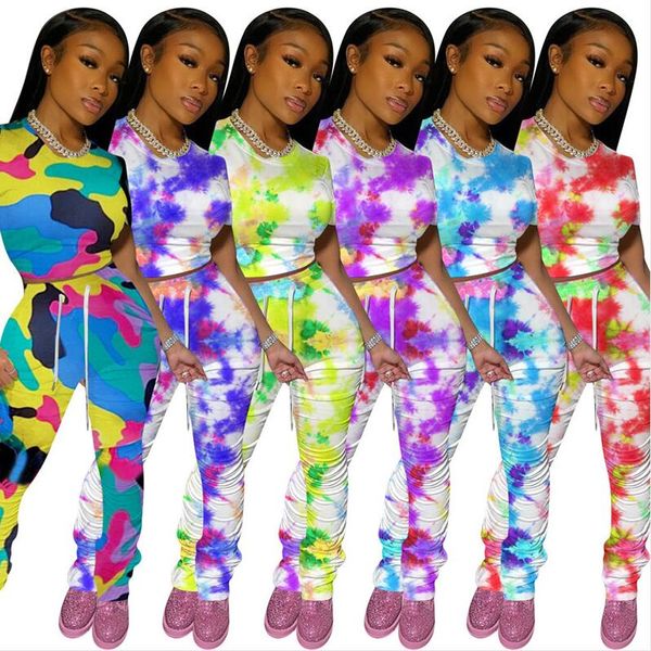

women tracksuit camouflage color tie dye pullover t-shirt crop and ruched pants outfit short tshirt pleated trousers fashion suit d8408, White