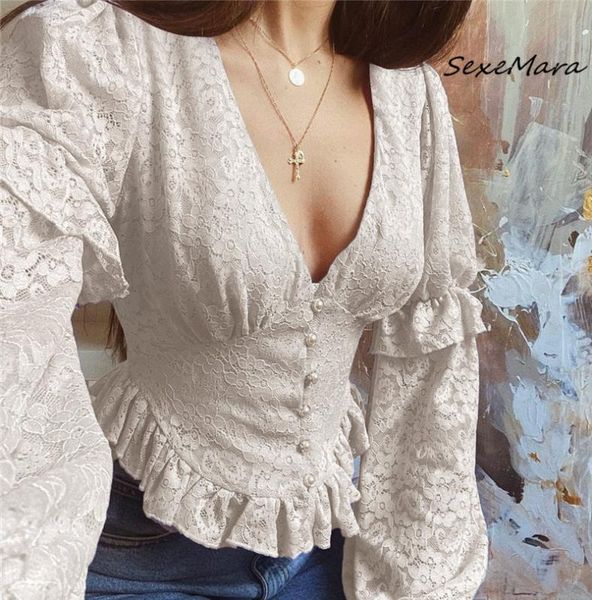 

2020 casual elegant women slim t-shirts autumn deep v-neck lace lantern sleeves, White