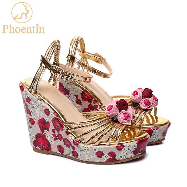 

phoentin platform wedge sandals with flower printing ankle buckle gold women shoes high heel 11cm leather sandals handmade ft387, Black