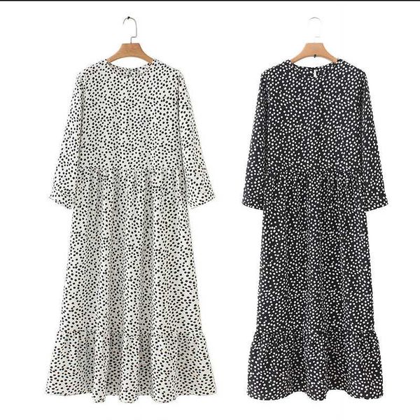 

summer spring women dot printed maxi dress casual pleated three quarter sleeve party straight dresses chic ankle length vestidos, Black;gray