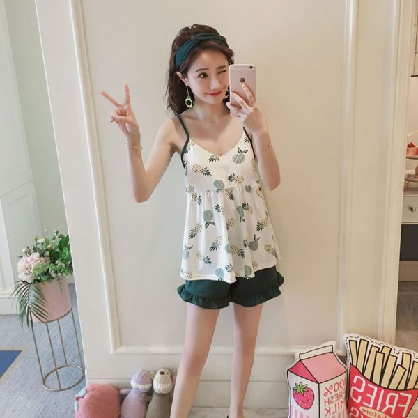

5xvzj female summer korean sling pajamas pajamas style sling cute new products can be worn outside fresh student home clothes set with, Blue;red