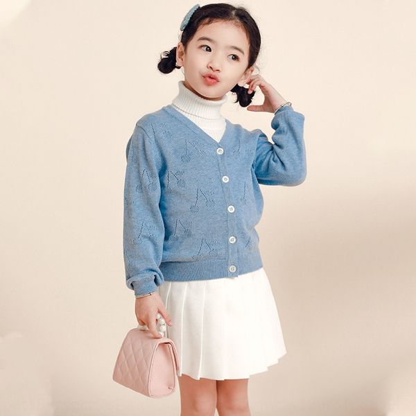 

2020 early spring new children's knitted cardigan hollow cherry cute style children's solid color sweater sweater cardigan thin, Blue