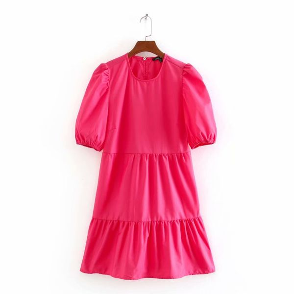

new 2020 women simply solid color o neck short sleeve casual poplin dress ladies puff sleeve vestidos chic pleats dresses ds3663, Black;gray