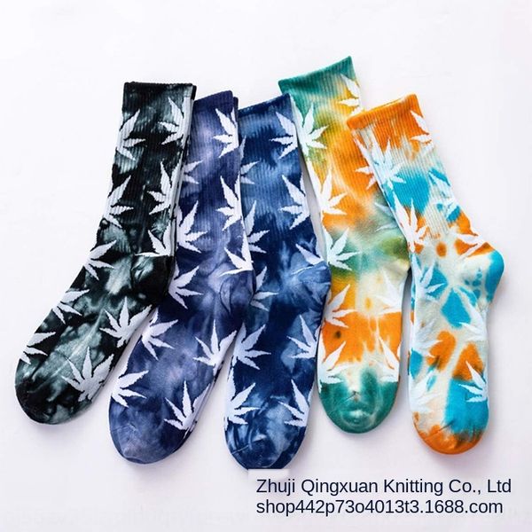 

tie-dye maple cotton linen leaf street ins high waisted cotton linen leaf socks men women hose fashionable socks men's, Black