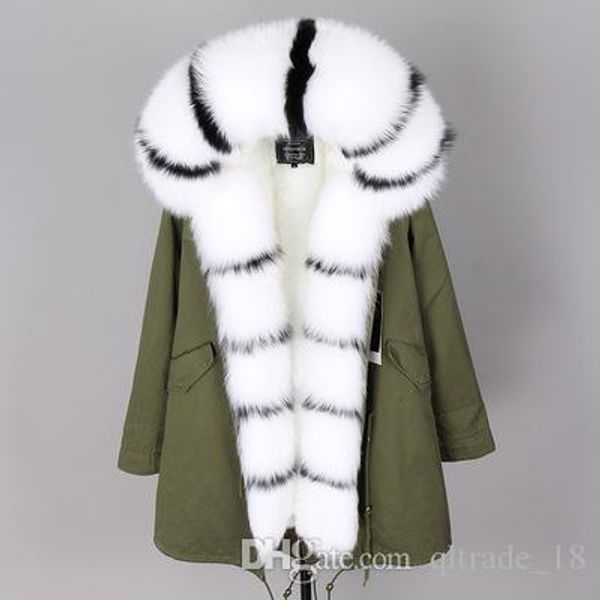 

maomaokong brand fox furs women fur jackets white black fox threshold fur trim white rabbit fur lining army green canvas long parkas