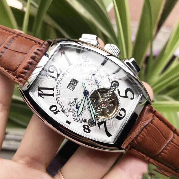 

mechanical watch men barrel shape automatic winding fashion business watch leather strap automatic date gold dial new fine watches