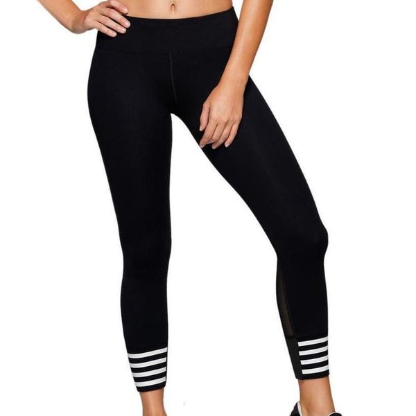 

women high waist fitness leggings pants workout clothes ladies long section of the striped net yarn stitching leggi, Black